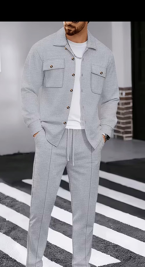 Men's Burgundy Two-Piece Shirt Jacket and Trouser Set 4