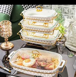 Ceramic Serving Dishes Set with Gold Stands (4 Pieces) 3
