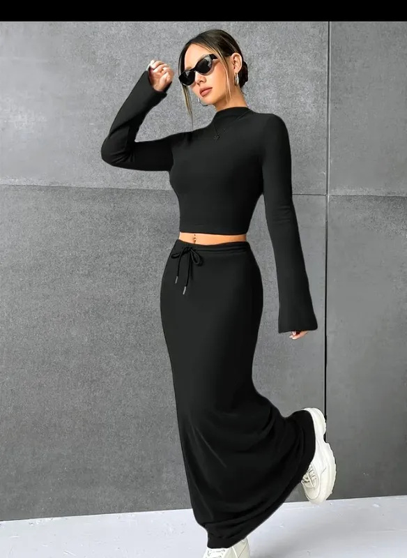 Grey Two-Piece Long Sleeve Crop Top and Maxi Skirt Set 4