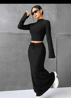 Grey Two-Piece Long Sleeve Crop Top and Maxi Skirt Set 4