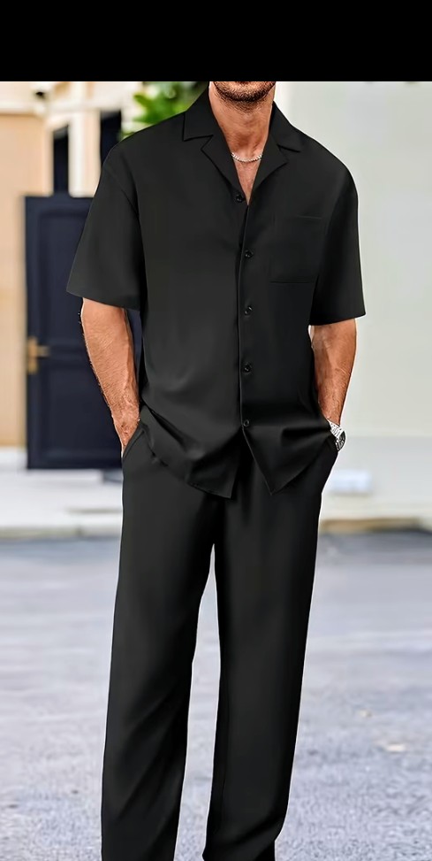 Men's Olive Green Short Sleeve Shirt and Trousers Set 4