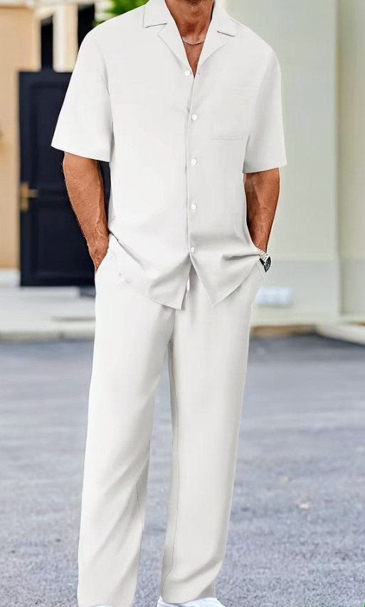 Men's Olive Green Short Sleeve Shirt and Trousers Set 3