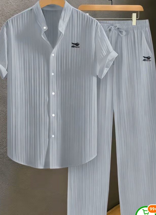 Men's Green Pleated Short Sleeve Shirt and Pants Set 6