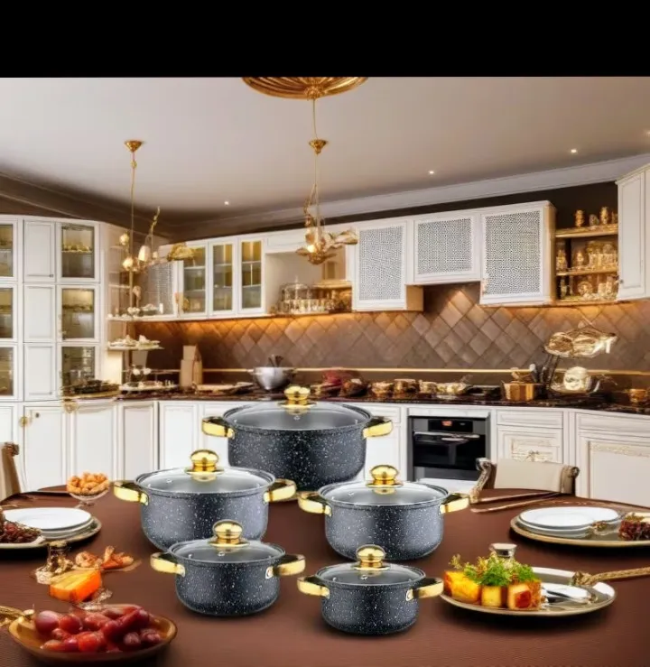 5-Piece Black Granite Cooking Pot Set with Gold Handles 2