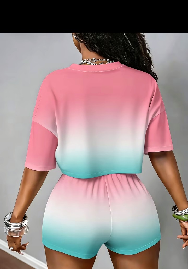 Ombre Palm Tree Print Crop Top and Shorts Two-Piece Set 2