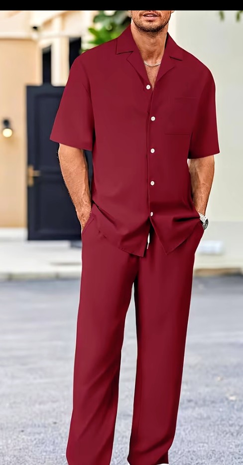 Men's Olive Green Short Sleeve Shirt and Trousers Set 2