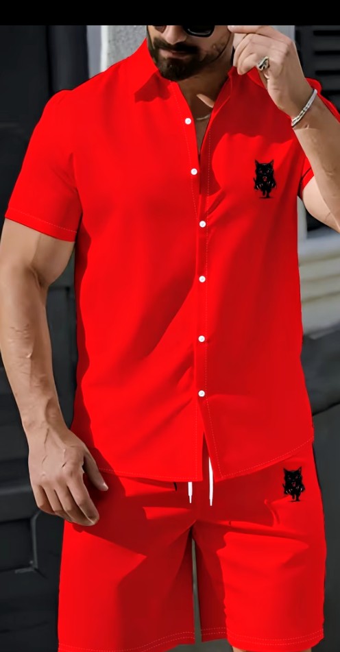 Men's Purple Matching Shirt and Shorts Set with Cat Logo 3
