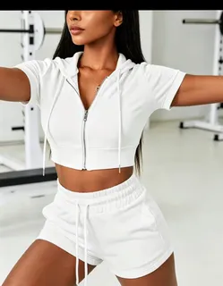 White Cropped Zip-Up Hoodie and Shorts Two-Piece Set 2