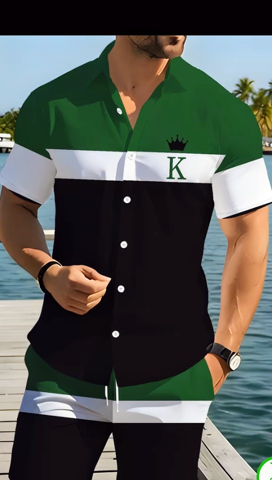 Men's Color Block Short Sleeve Button-Up Shirt with Crown Logo 2
