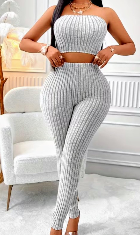Grey Ribbed Knit Crop Cardigan and Leggings Two-Piece Set 4