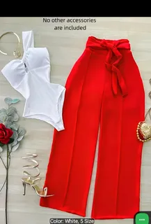 White One-Shoulder Bodysuit with Red Wide-Leg Pants Set 3
