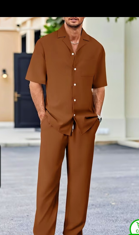 Men's Olive Green Short Sleeve Shirt and Trousers Set 5