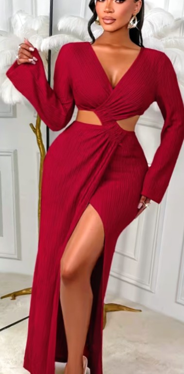 Blue Ribbed Long Sleeve Cutout Maxi Dress with Slit 3