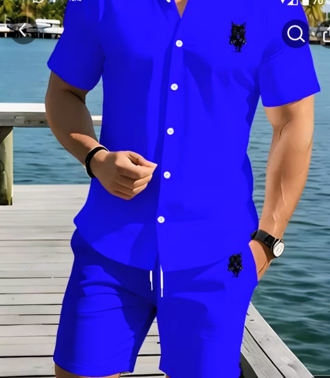 Men's Purple Matching Shirt and Shorts Set with Cat Logo 2