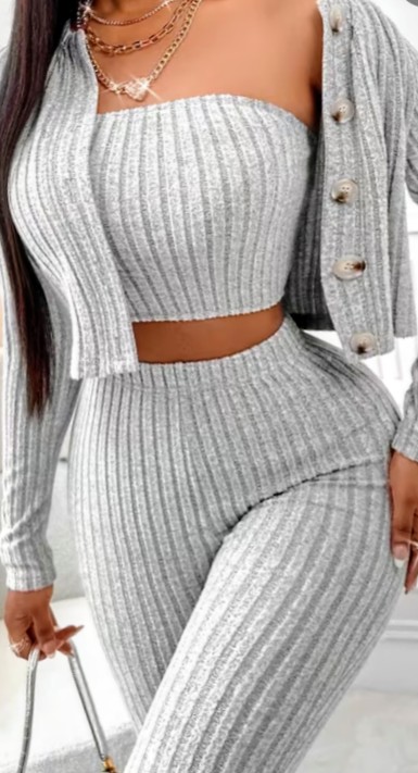 Grey Ribbed Knit Crop Cardigan and Leggings Two-Piece Set 2