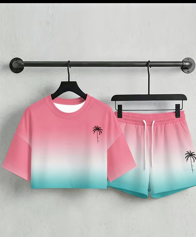 Ombre Palm Tree Print Crop Top and Shorts Two-Piece Set 3