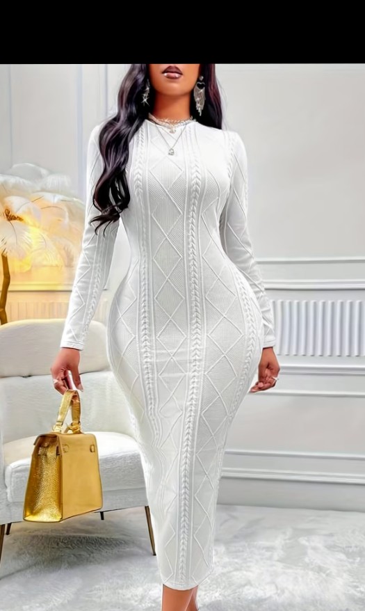White Cable-Knit Long Sleeve Bodycon Midi Dress 3