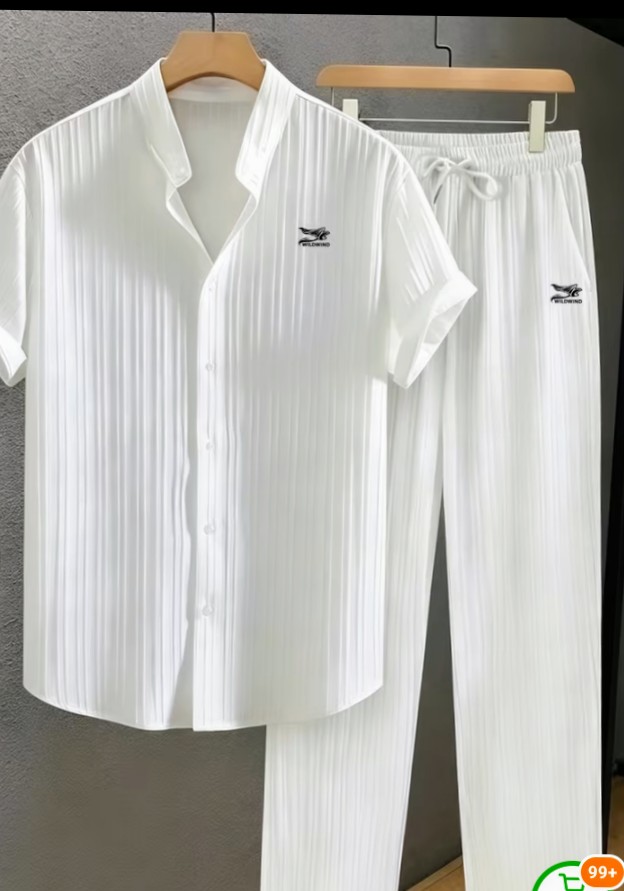 Men's Green Pleated Short Sleeve Shirt and Pants Set 3
