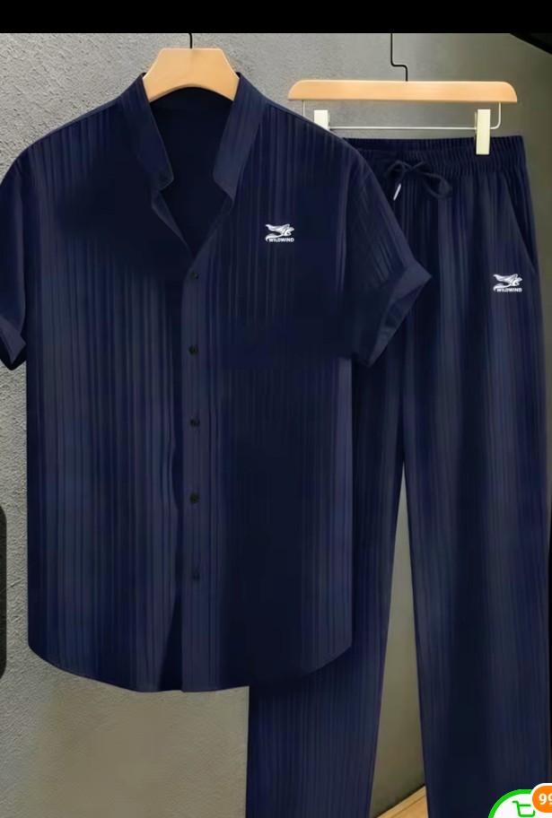 Men's Green Pleated Short Sleeve Shirt and Pants Set 5