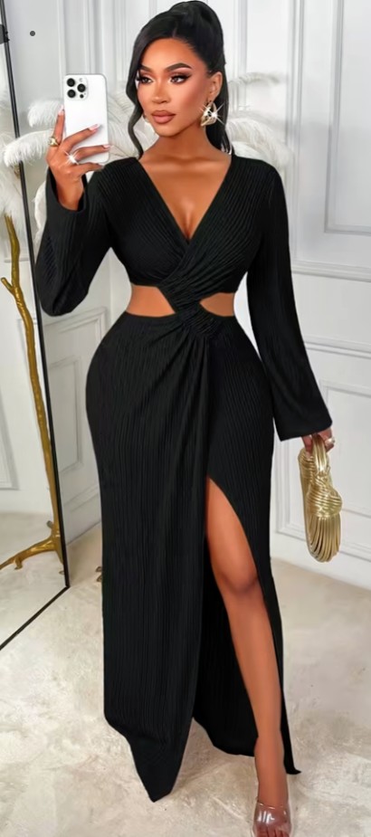 Blue Ribbed Long Sleeve Cutout Maxi Dress with Slit 4