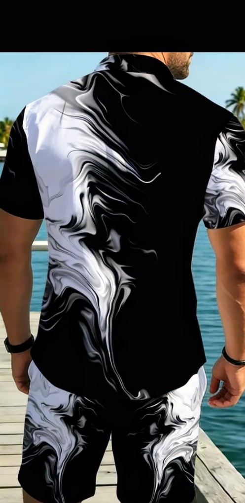 Men's Black and White Marble Print Shirt and Shorts Set 3
