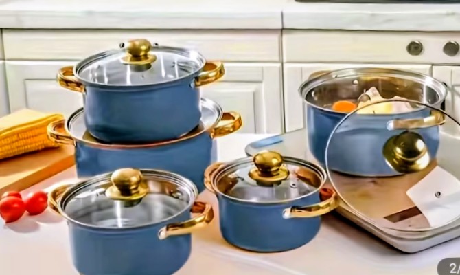 Navy Blue Cookware Set with Gold Handles and Glass Lids 2