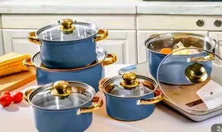 Navy Blue Cookware Set with Gold Handles and Glass Lids 2