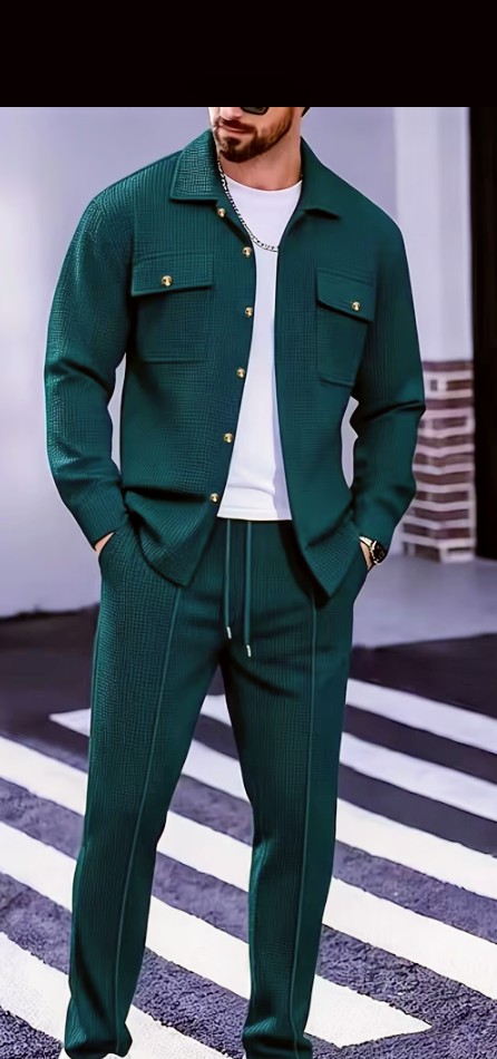 Men's Burgundy Two-Piece Shirt Jacket and Trouser Set 2