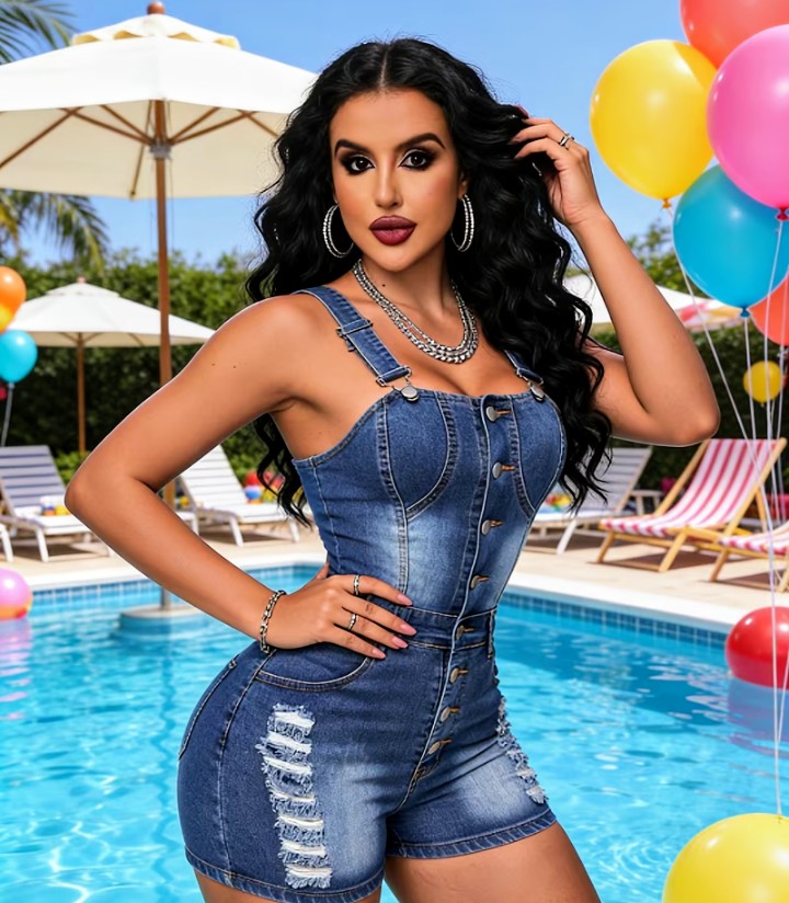 Denim Button-Front Romper with Distressed Shorts 2