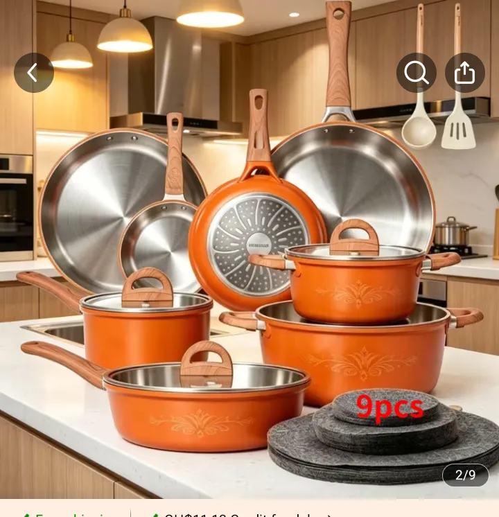 9pcs Red Nonstick Cookware Set with Wooden Handles 2