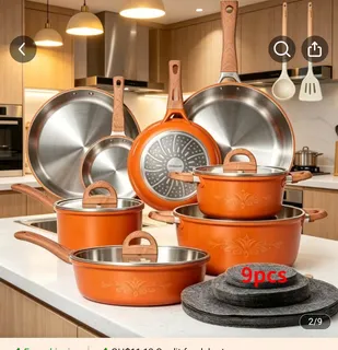 9pcs Red Nonstick Cookware Set with Wooden Handles 2