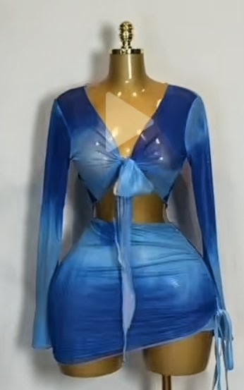 Blue Tie-Dye Long Sleeve Crop Top and Skirt Set 1