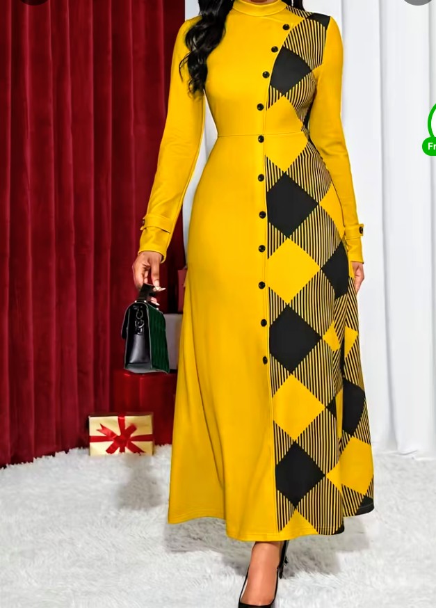 Yellow Long Sleeve Maxi Dress with Diamond Print Panel Store: Rachel fashion appliance (GHS) 1