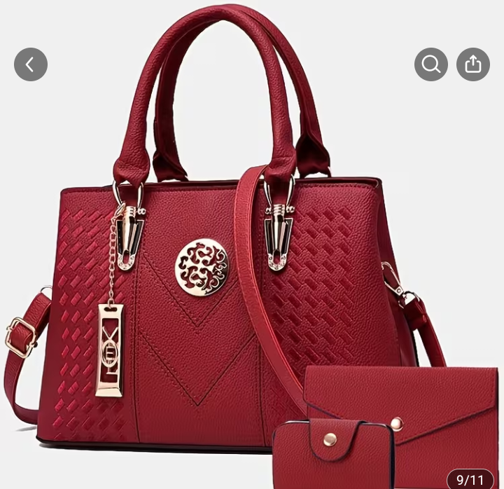 Red Textured Handbag with Matching Wallet Set 1