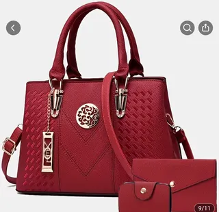 Red Textured Handbag with Matching Wallet Set
