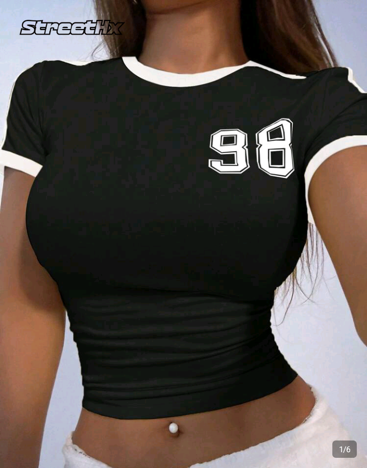 Black Ringer Crop Top with 98 Number Print 1