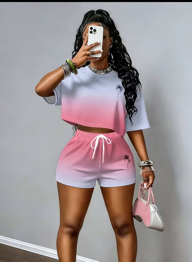 Ombre Palm Tree Print Crop Top and Shorts Two-Piece Set 1
