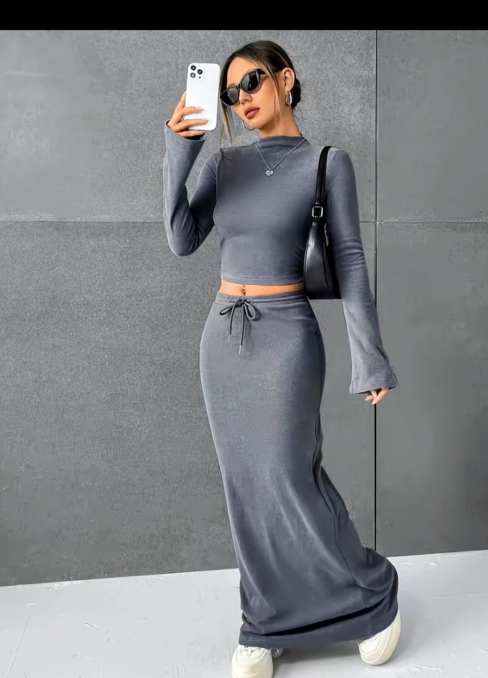 Grey Two-Piece Long Sleeve Crop Top and Maxi Skirt Set 1