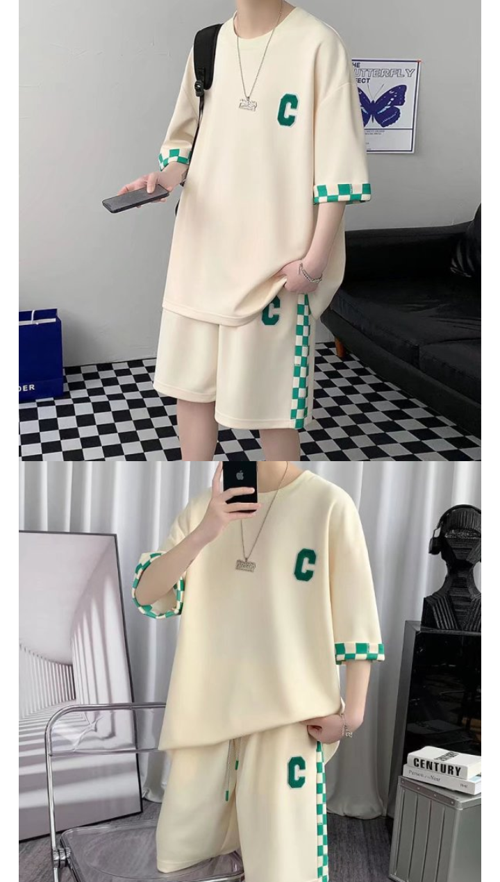 Cream Oversized T-Shirt and Shorts Set with Green Checkered Trim 1