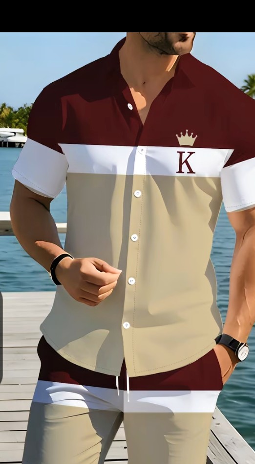 Men's Color Block Short Sleeve Button-Up Shirt with Crown Logo 1