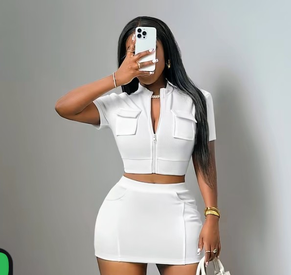 White Zip-Up Crop Top and Mini Skirt Two-Piece Set 1
