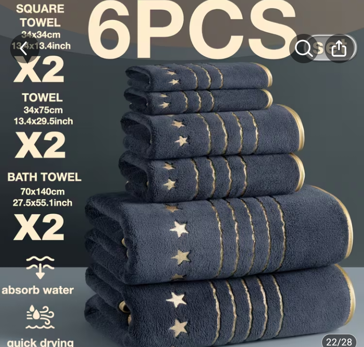 6pcs Navy Towel Set with Gold Star Embroidery - Square, Hand & Bath Towels 1