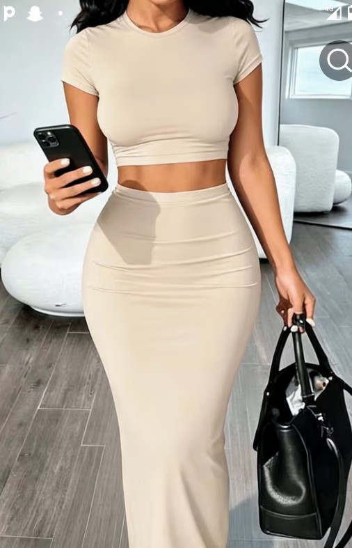 Beige Crop Top and Fitted Maxi Skirt Two-Piece Set 1