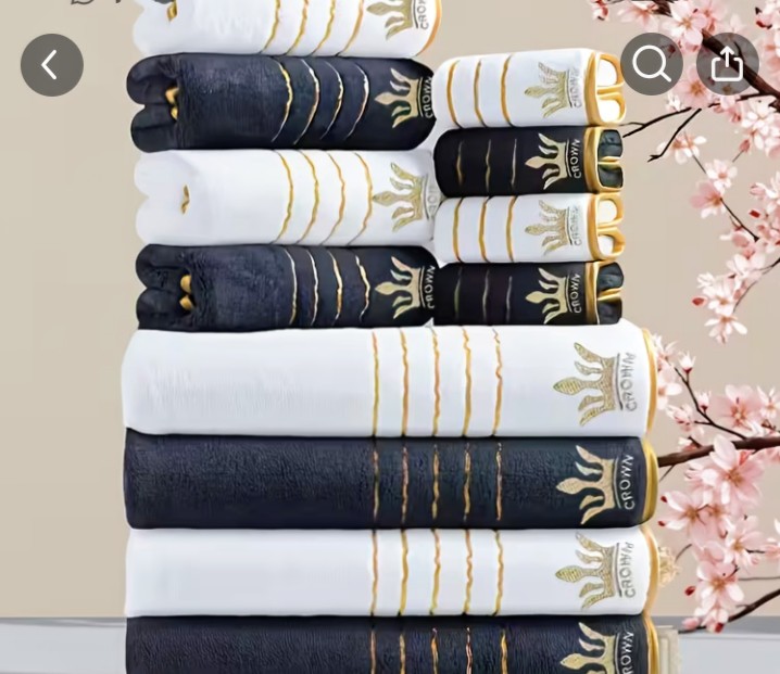Black and White Towel Set with Gold Crown Embroidery 1