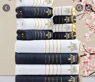 Black and White Towel Set with Gold Crown Embroidery