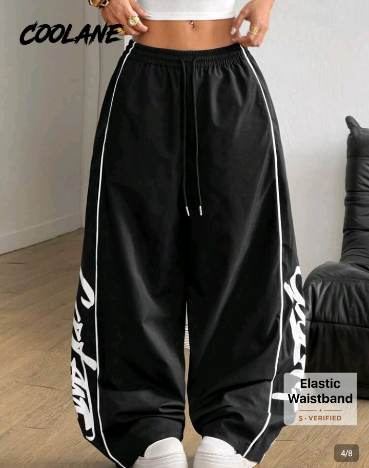 Black Wide-Leg Sweatpants with White Stripes and Print 1