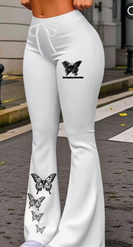 White Flared Pants with Butterfly Print Design 1
