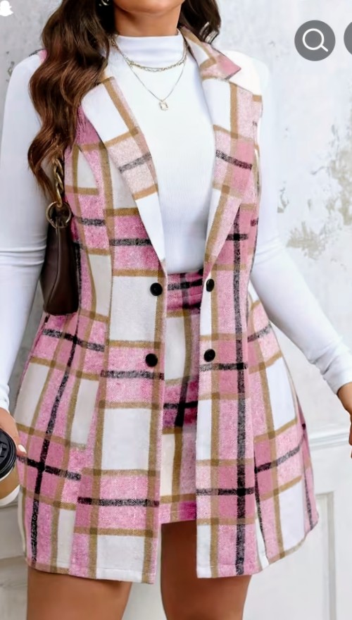 Pink Plaid Two-Piece Sleeveless Vest and Skirt Set 1