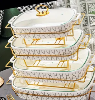 Ceramic Serving Dishes Set with Gold Stands (4 Pieces)