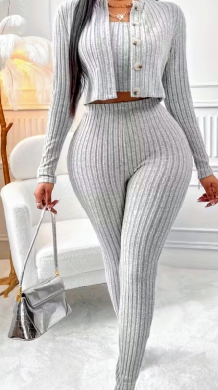 Grey Ribbed Knit Crop Cardigan and Leggings Two-Piece Set 1